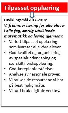 Vi fremmer læring for alle elever i alle fag, særlig utviklende matematikk og lesing gjennom: Variert tilpasset opplæring som ivaretar alle våre elever.