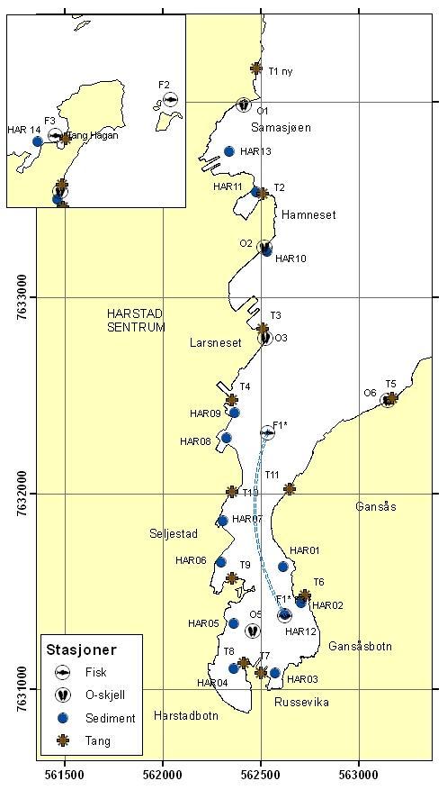 Figur 8. Kart som viser hvor det ble tatt prøver av sediment, tang, o-skjell og torsk vinteren 2008-2009. F1*