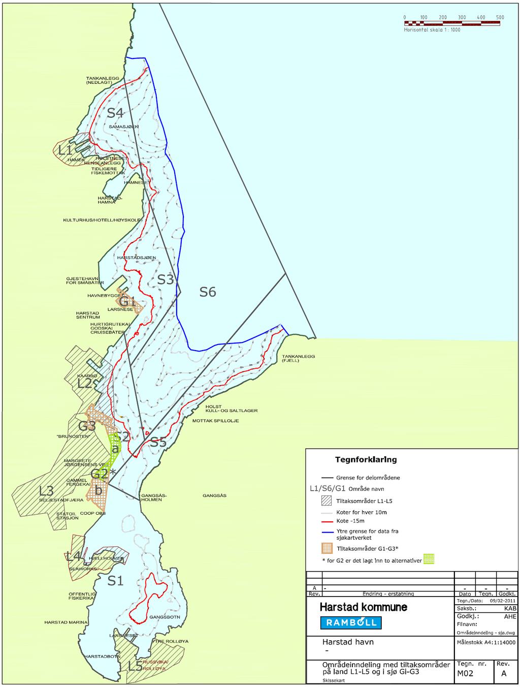 Figur 2. Områder for kaiutbygging med disponeringsløsninger for forurenset sediment fra mudring i Harstad havn.
