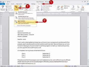 فصل سوم ویرایش متن استفاده از مترجم کوچک روی زبانه Review کلیک کنید. روی دکمه Translate کلیک کنید. گزینه Mini Translate را انتخاب کنید. اشاره گر را روی یک کلمه ببرید. ترجمه کلمه دیده میشود.
