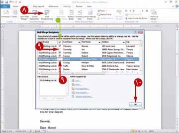 ایجاد نامه ها برای نامه نگاری انبوه )ادامه( Edit Recipient List کلیک کنید. پنجره Mail Merge Recipients ظاهر میشود.