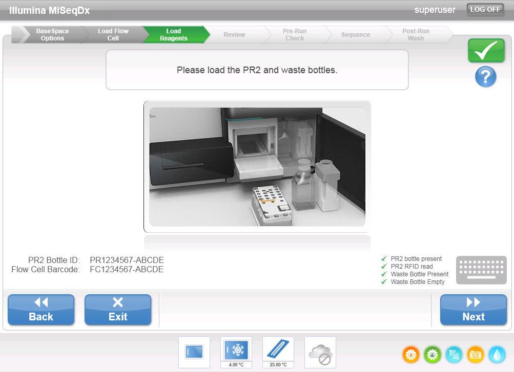 MiSeqDx-programvare Figur 20 Laste inn flasken med MiSeqDx SBS-løsning (PR2) og avfallsflasken Figur 21 Laste inn reagenskassetten Hvis RFID-en ikke kan avleses, kan identifikasjonsinformasjonen