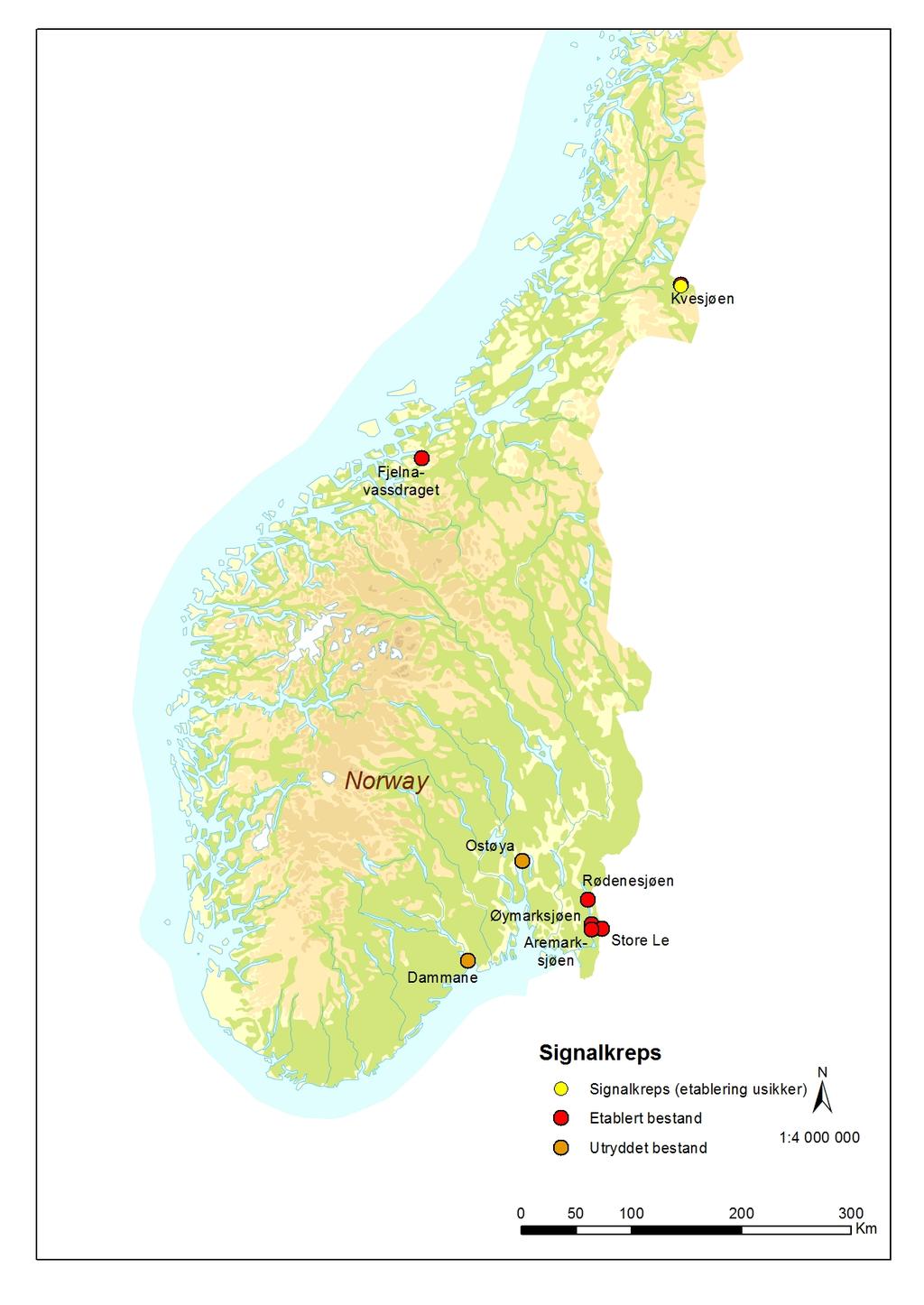 Figur 5. Oversikt over etablerte og utryddete bestander av signalkreps i Norge.
