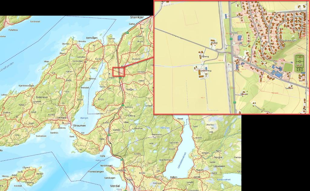 Figur 2-1 Oversiktskart som viser geografisk beliggenhet av Mære og dagens situasjon i detalj Det er søkt enkle løsninger med fokus på kostnader, funksjon, miljø, og optimal drift og vedlikehold.