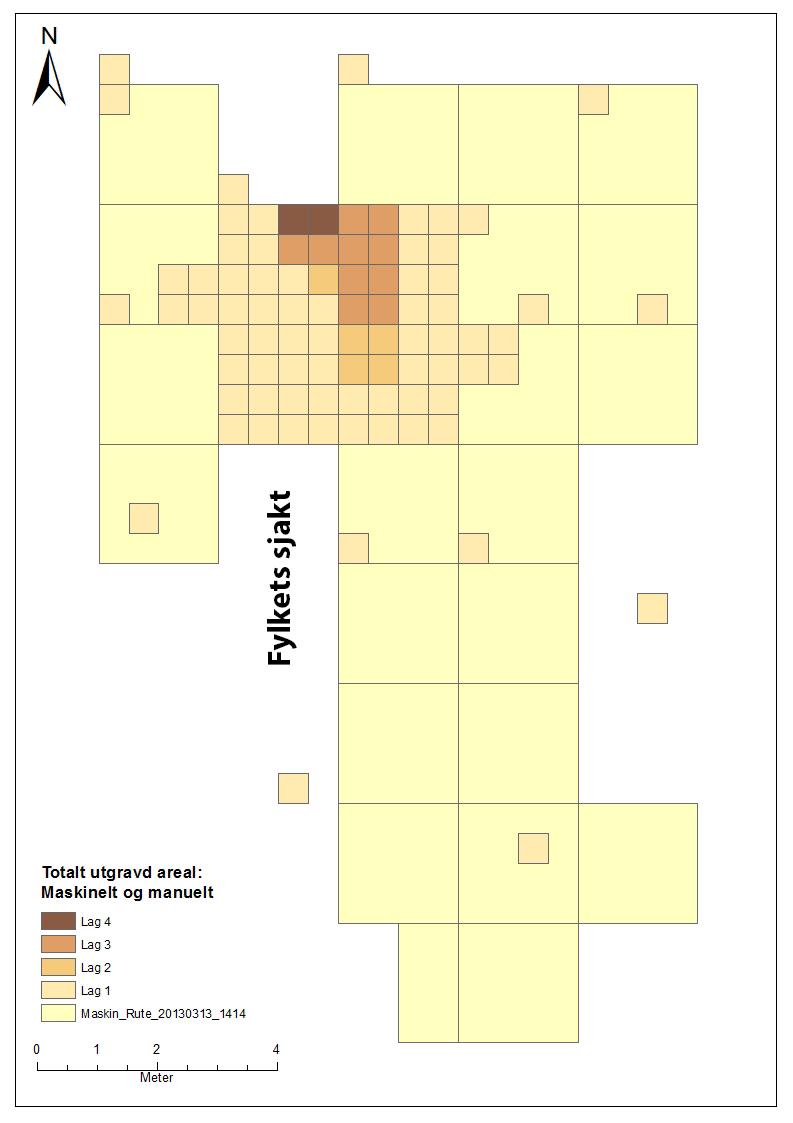 Figur 5: Totalt utgravd areal, både maskinelle 2 x 2 m ruter og manuelt gravde kvadranter (0,5 x 0,5 m). GIS applikasjon ved C. Eymundsson 2013.