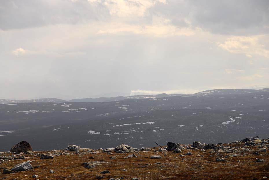 Figur 8: Utsikt fra Viksjøfjell sørover. Røykfanen fra anlegget i Zapoljarnij sees i det fjerne. Foto: Christoffer Aalerud, Fylkesmannen i Finnmark.