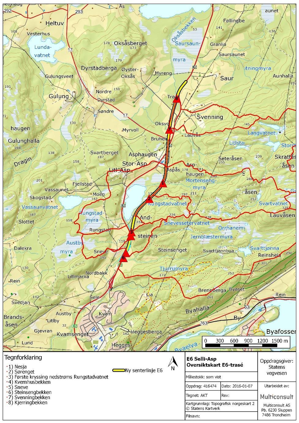 Figur 1 Valgt E6-trasé 2 Flomberegning De aktuelle krysspunktene mellom bekker/elver og E6 er vist med tilhørende nedbørfelt i figur 2. Det er gjort noen antagelser ang.