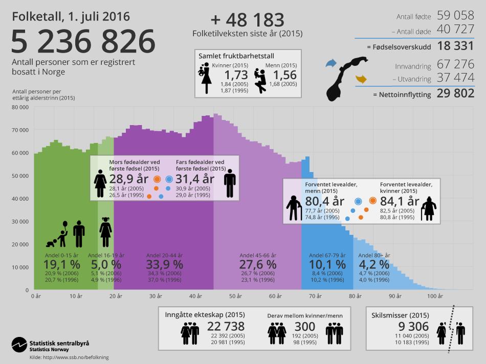 (Statistisk sentralbyrå, 2016) Pr. 1. januar 2016 har 16,3 % av befolkningen innvandrerbakgrunn. Polen, Litauen, Sverige, Somalia og Tyskland er de fem landene det kommer flest innvandrere fra.