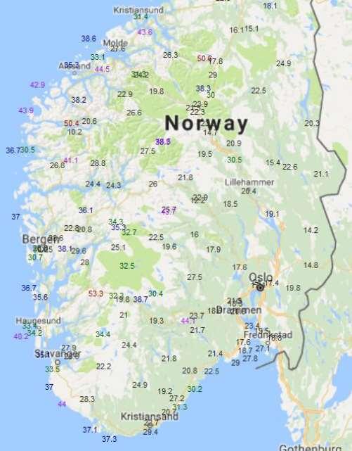 Figur 2: Kart med 10-minutters middelvind i m/s under Urd (kilde: MET) Mørk grå mindre enn liten storm (< 20,7 m/s) Grønn liten storm (20,8-24,4 m/s) Blå full storm (24,5-28,4 m/s) Lilla sterk storm