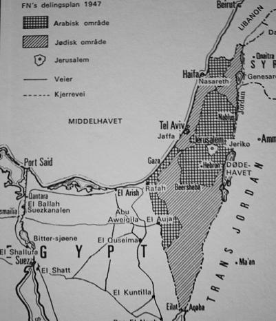 Kart 1: FNs delingsplan fra 1947. Det var denne planen Bernadotte tok utgangspunkt i.