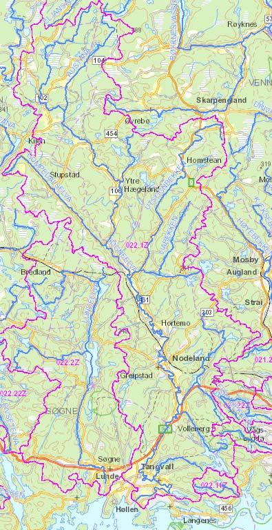 Figur 1. Nedbørfeltet til Søgnevassdraget med elvestrenger.