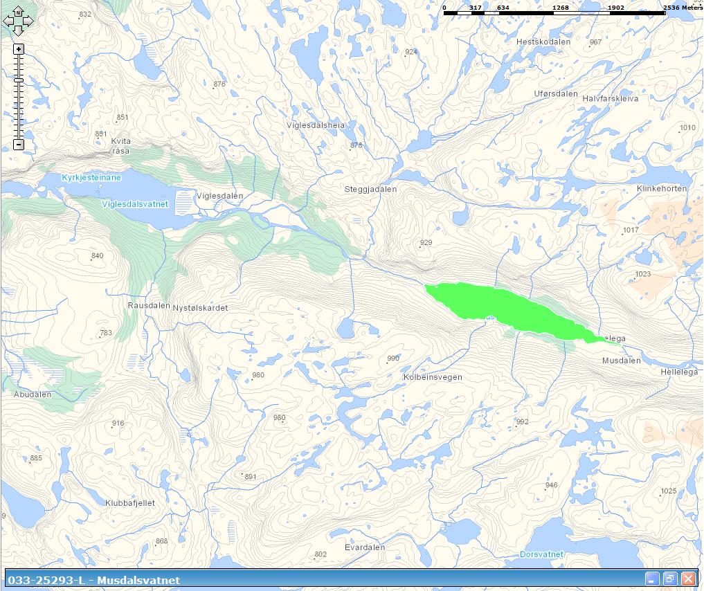 Musdalsvatnet (033-25293-L) God (nabovannforekomst: Viglesdalsvatnet) Liten grad Sur nedbør Overvåkingsdata mm: - Liten grad Vannføringsregulering