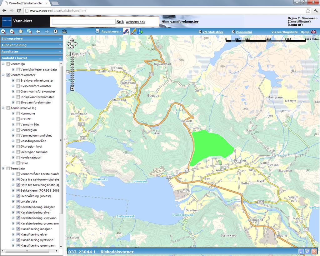 Riskadalsvatnet (033-23044-L) Overvåkingsdata mm: Middels, kalkfattig, klar, grunn (innsjø) God (påvirkningsanalyse, ph: god)