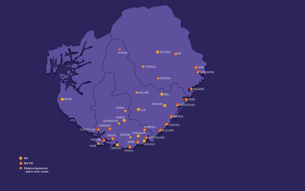 Lokal tilstedeværelse Agder og Telemark er marked på totalt ca. 470.000 innbyggere. Ingen andre dekker dette området som Sparebanken Sør. Banken har ca.