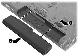 2. Skyv batteriet inn i batteribrønnen (1) til det sitter på plass. Batterilåsen (2) vil automatisk låse batteriet på plass. Slik tar du ut batteriet: 1.