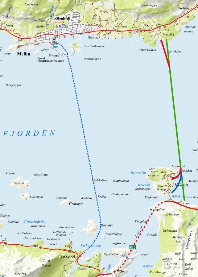 Mulighetsstudie Ferge over Hadselfjorden Flytte fergesambandet øst for Sløverfjorden Mulig i dag pga. Sløverfjordtunnelen To alternativer i sør (Holdøya og Ringen, på Austvågøya.