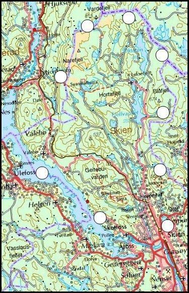 Figur. 2-2. Alle undersøkte lokaliteter (til sammen 86) i Skien i Telemark i 2005-09 ligger innenfor de hvite prøvepunktene (utgjør også undersøkte lokaliteter).