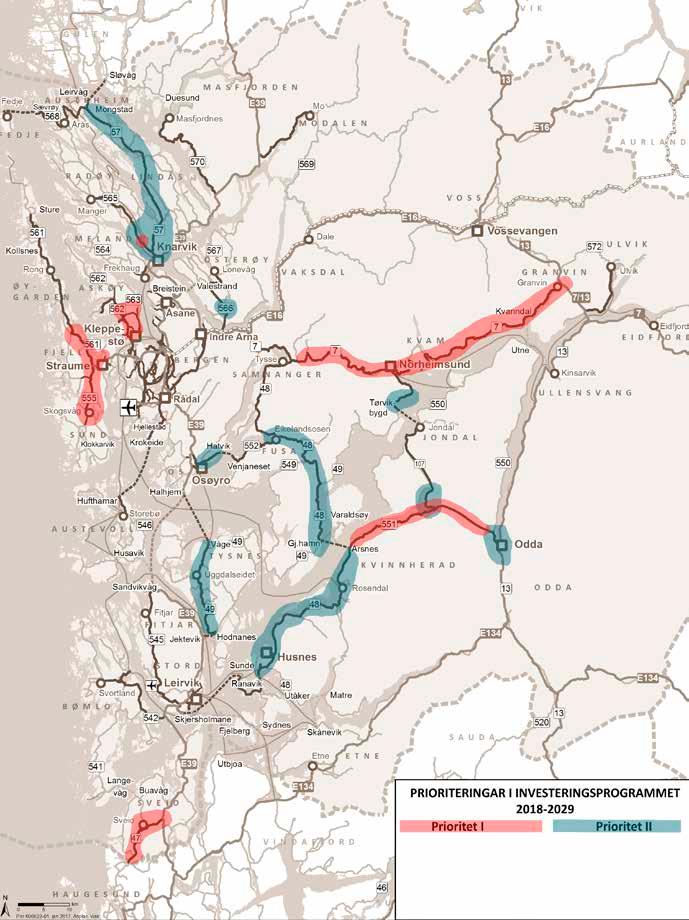 Prioriteringar i investeringsprogrammet 2018 2029 Område Prioritet I Prioritet II Nordhordland Fv. 565 Fv. 57, 565 og 566 Midt og vest Fv.