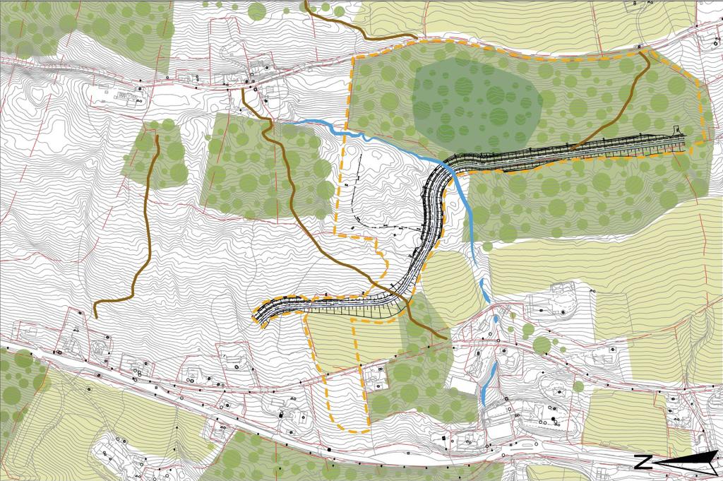 Skog Rik boreal løvskog Jordbruk/dyrking Bekk Avgrensning planområde Sti Illustrasjonen over viser grov inndeling av ulike landskapstyper.