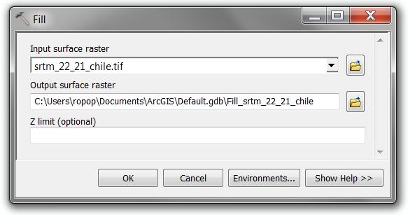 Bruk «DEM» som input fil og navngi output «Fill». Husk å velge riktig mappe for utputt-filen. Z limit må ikke defineres i de flest tilfelle.