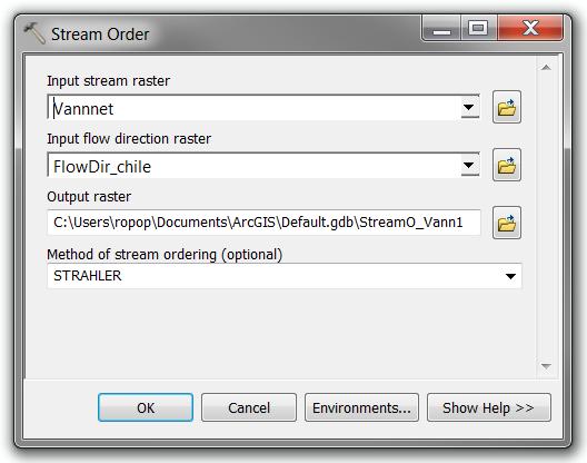 «Stream order» funksjonen kan nå brukes for å bestemme rekkefølgen på vann-nett, dette må brukes for å kunne definere dekningen og blir brukt i neste steg.