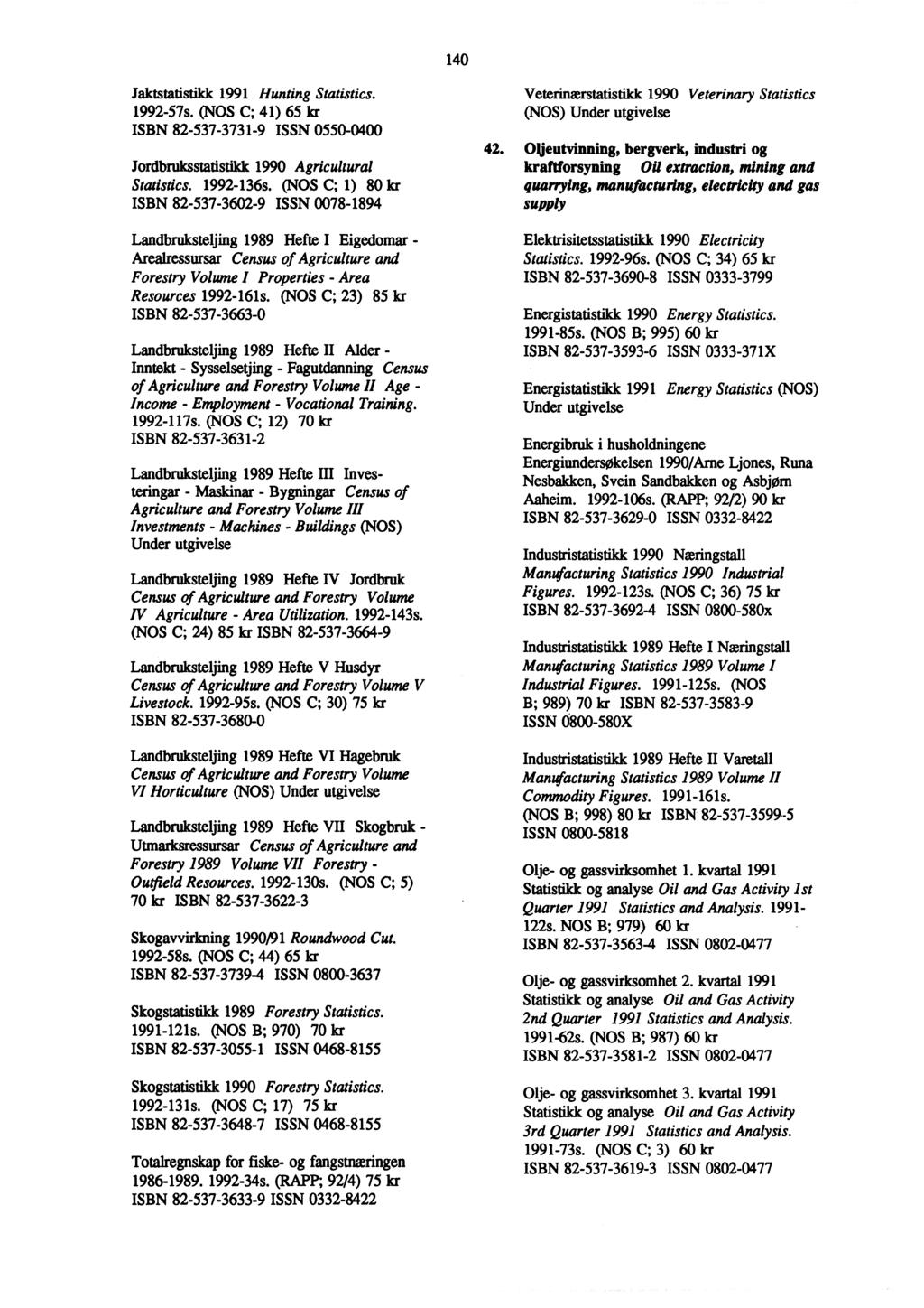 140 Jaktstatistikk 1991 Hunting Statistics. 1992-57s. (NOS C; 41) 65 kr ISBN 82-537-3731-9 ISSN 0550-0400 Jordbruksstatistikk 1990 Agricultural Statistics. 1992-136s.