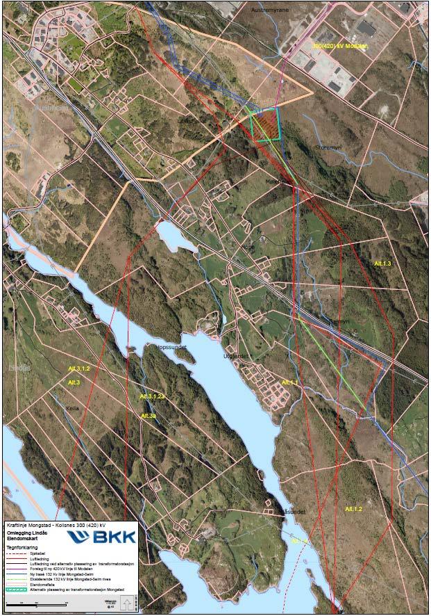 Figur 1 Ny 420 kv trase, forslag til ny transformatorstassjon og tilhøyrande nye luftleidningstrasear. Rosa strek er eigedomsgrenser. 2 Alternativ 1.