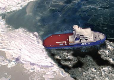 FOKUS OLJE OG GASS OPPSAMLING: Ved et oljeutslipp i arktiske strøk med is står man overfor utfordringer ved oppsamling. Her er et STX-fartøy som skal samle opp olje i isbelagte farvann.