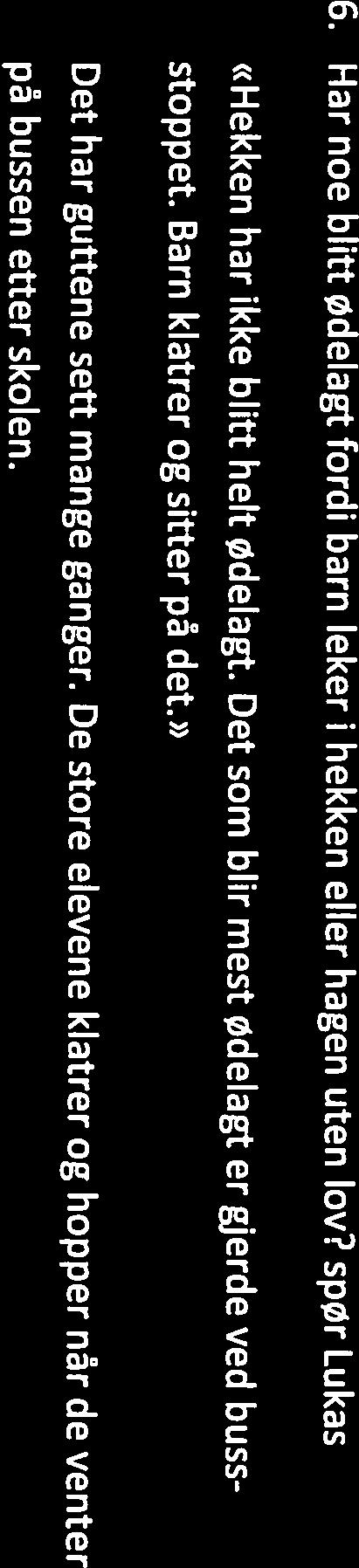 3. Har du sett noen elever fra Ulsmåg skole som leker i hekken din? spør Diaz «Det har vi også sett mange ganger.» 4. Blir hekken ødelagt når vi leker der? spør Diaz «Den kan bli litt rufsete.