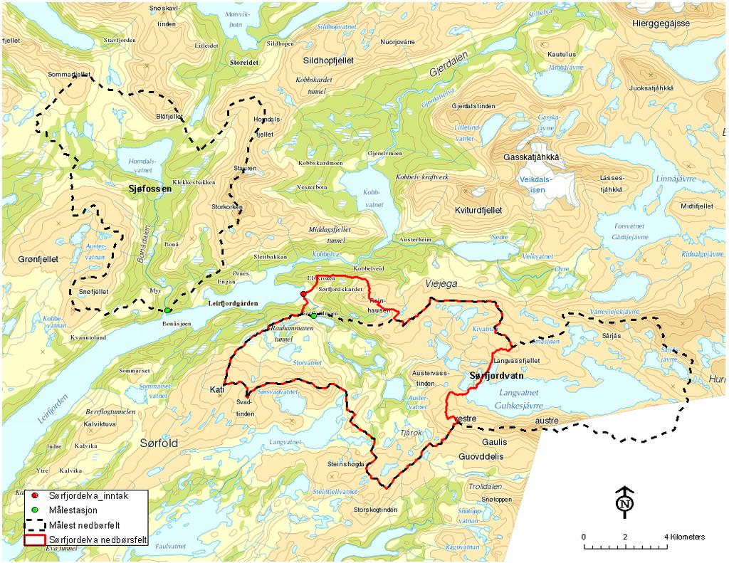 4 Sjøfossen er mest representativ for sommerforholdene i Sørfjordelva og målestasjon 167.2 Sørfjordvatn er mest representativ for vinterforholdene.