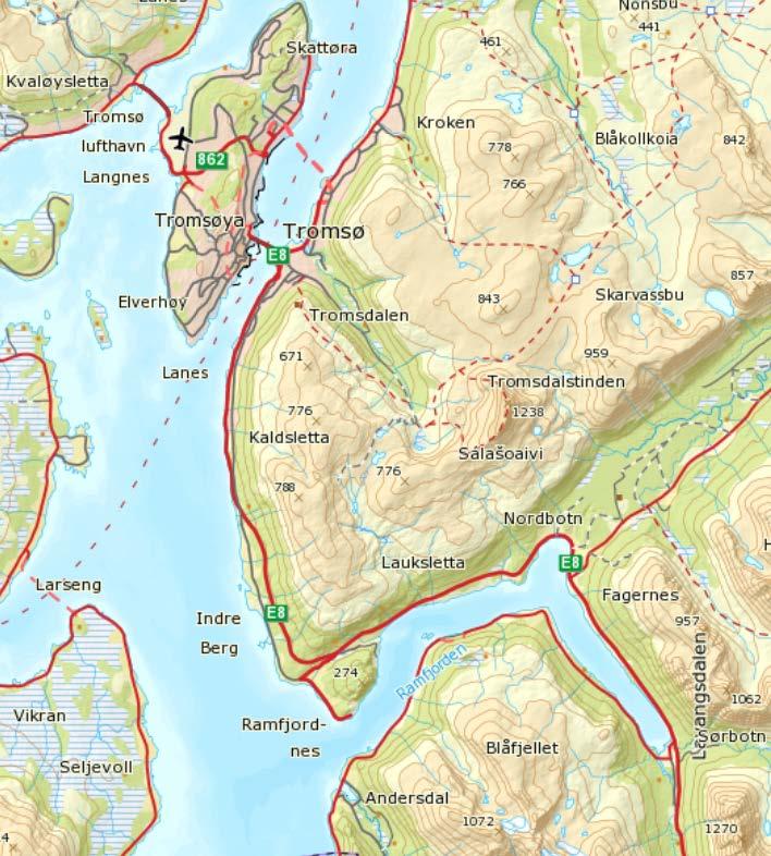 1 Analyseobjekt, formål og vurderingskriterier 1.1 Dagens situasjon E8 gjennom Ramfjord ligger i Tromsø kommune og er innfartsvegen til Tromsø. I dag ligger E8 mellom spredt bebyggelse langs fjorden.