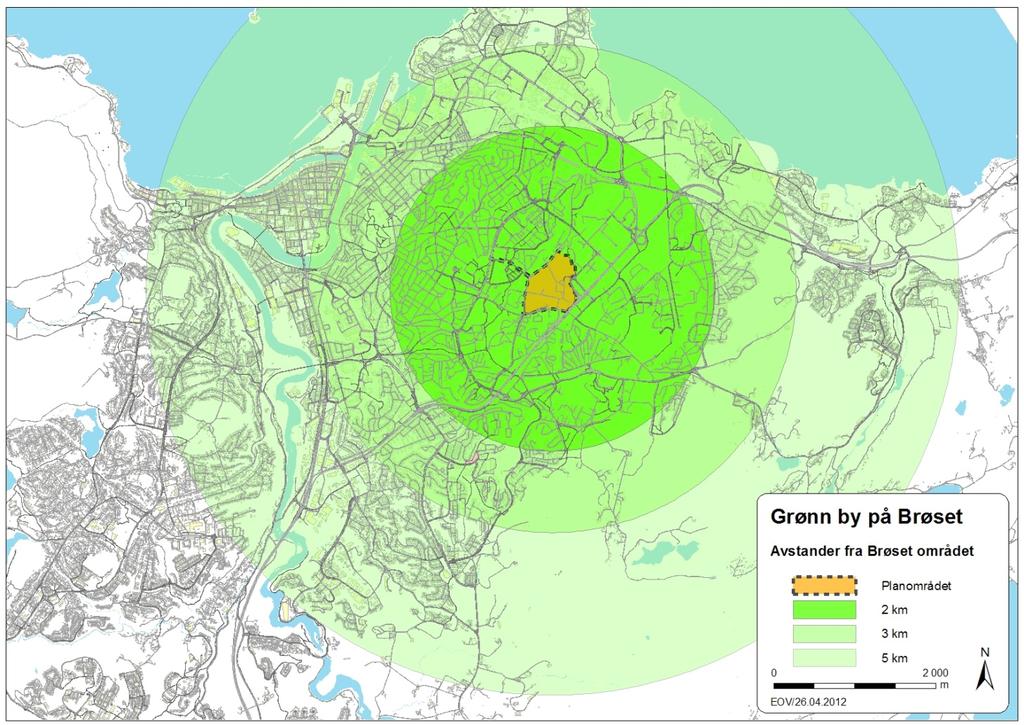 2. Dagens situasjon Figur 2: Lokalisering av planområdet og avstander fra planområdet Brøset ligger ca. 4 km øst for Trondheim sentrum, og grenser mot Omkjøringsvegen (E6) i øst.