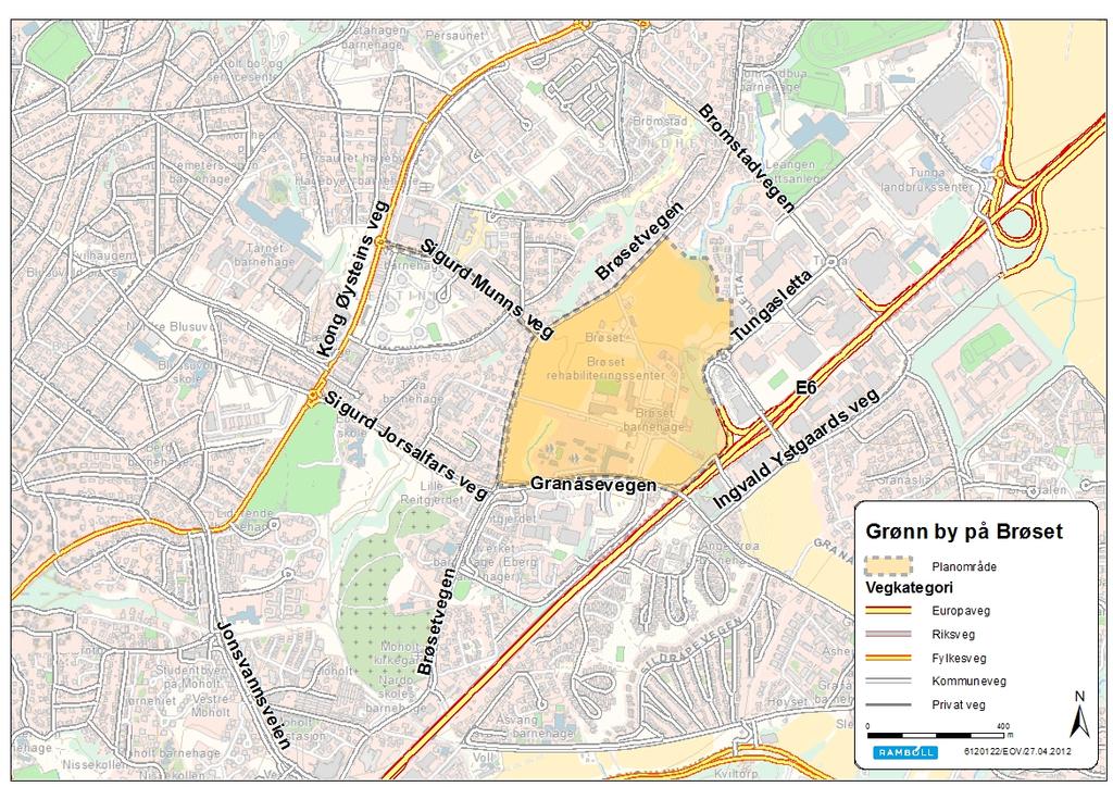 2.1 Vegnett Figur 3: Omkringliggende vegnett Brøset Hovedatkomsten til planområdet i vest er Brøsetvegen som strekker seg nordøst/sørvest fra Bromstadvegen til Jonsvannsveien.