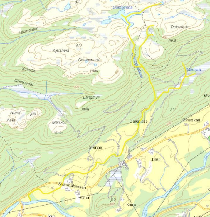 Grennebekken Grennebekken er definert med vannforekomstnummer 132-82-R Grennebekken. Bekkens hovedgrein har sitt opphav fra Damtjønna (402 moh) og omkringliggende fjell- og myrområder.