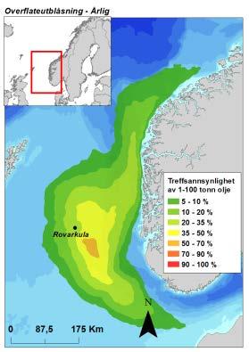 Figur 3-2 Sannsynligheten for treff av oljemengder; 1-100 tonn, 100-500 tonn, 500-1000 tonn og > 1000 tonn i 10 10 km sjøruter gitt en