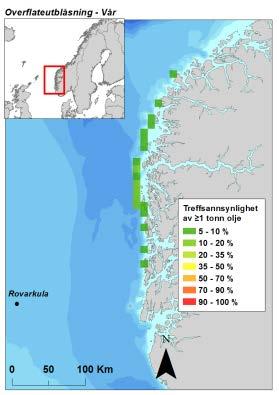 Figur 3-3 Sannsynligheten for treff av mer enn 1 tonn olje i 10 10 km kystruter gitt en overflateutblåsning fra letebrønn Rovarkula i hver sesong.