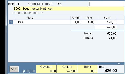 Du trykker du på + beløpet +. Fjerne en varelinje Dersom du lagt en varelinje på bongen som skal fjernes er ikke dette noe problem. Trykk på + nummeret +. Du har nå fjernet varelinjen.