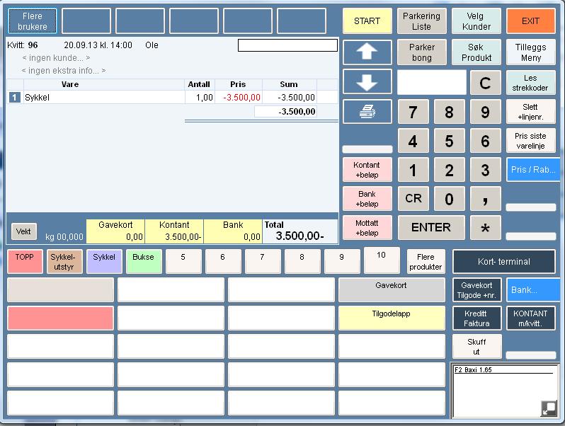Vi ser at antall er -1 og totalen på bongen er negativ og angitt betaling på bongen er -198 kontant i dette tilfellet. Det betyr at det skal betales kr 198,- ut fra kassen.