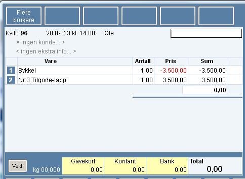 Da kommer følgende melding Da ser du at en varelinje til har lagt seg på bongen som vist: Trykk Ja Total