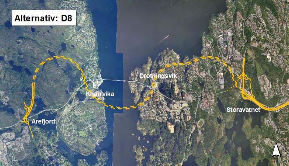 Oppsummering av dei mest aktuelle alternativa Arefjord- Storavatnet Forhold som er viktige ved val av løysing for nytt sotrasamband: Kollektivtrafikken skal prioriterast på eigne køyrefelt mellom