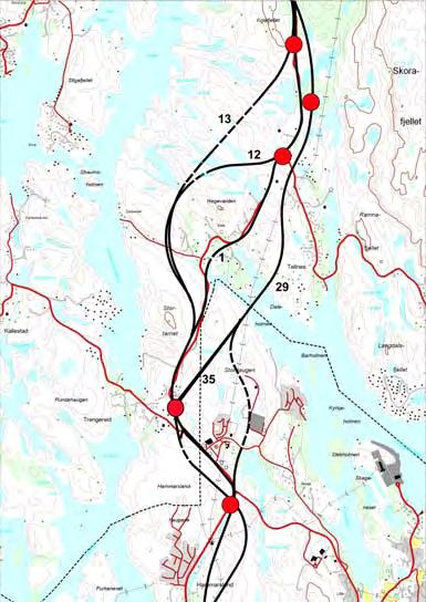 Delparsell 2: Tellnesskogen Skogsskiftet Alternativ 13: vest for noverande riksveg, Kostnad 640 mill. kr.