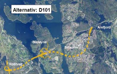 Ny bru over Bildøystraumen og Straumsundet og tunnel forbi Straume fram til nytt kryss i Arefjorden.