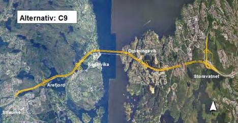 Prinsipp 2 mellom Arefjord og Storavatnet: Alternativ med bru Bru sør for dagens bru ved høgspentline over fjorden, tunnel på landsidene,