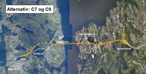 Kombinasjonsalternativ C8/C9: Bru som i C8 og C9, tunnel på Sotrasida som C8, veg i dagen og ny tunnel gjennom Kiplehaugen og Harafjellet