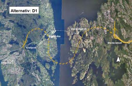 Alternativ med undersjøisk tunnel Undersjøisk tunnel mellom Arefjord og Storavatnet, sørleg trasé ca 6,5 km lang tunnel.