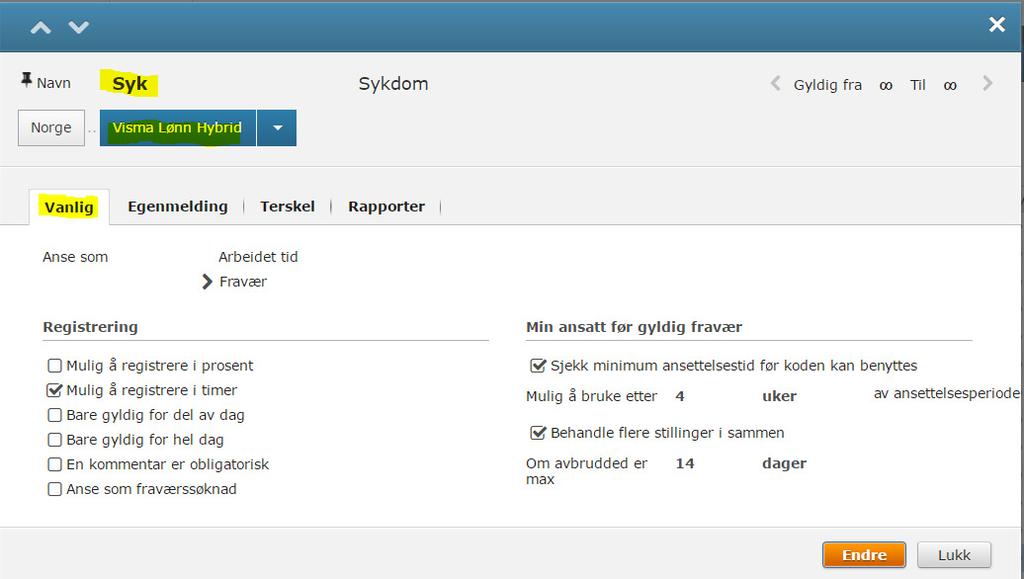 Den andre er en standard som ligger i Visma.net Absence. Ved å klikke på ønsket fraværskode, f.eks. «Syk» så vil du kunne se fraværskodens egenskaper og innstillinger.