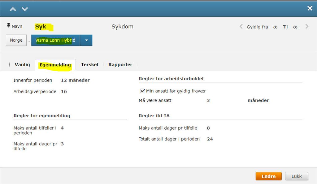 Under «Egenmelding» kan du definere de regler som gjelder for antall tilfeller, antall dager og periodebegrep.