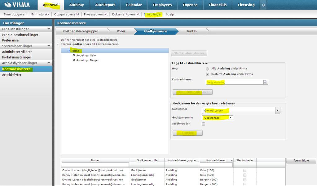 En rekkefølge for godkjenning basert på rollene, defineres senere i arbeidsflyten. I Godkjennere definerer man hvilke brukere som skal godkjenne i Visma.net Approval basert på kostnadsbærergruppen.