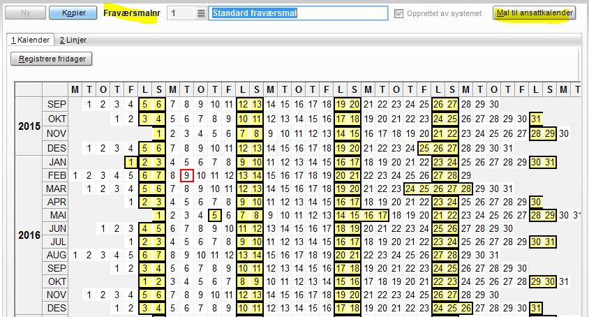 3) Det er viktig at den ansattes «fraværsmal» er korrekt Den ansattes fraværskalender er det som gjør at Absence vet når den ansatte skal jobbe, og når vedkommende har fri. F.eks.