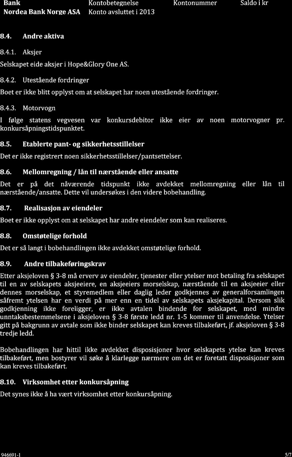 GRETTE Bank Kontobetegnelse Kontonummer Saldo i kr Nordea Bank Noree ASA Konto avsluttet i20l3 8.4. Andre aktiva 8.4.7. Aksjer Selskapet eide aksjer i Hope&Glory One AS. 8.4.2. Utestående fordringer Boet er ikke blitt opplyst om at selskapet har noen utestående fordringer.